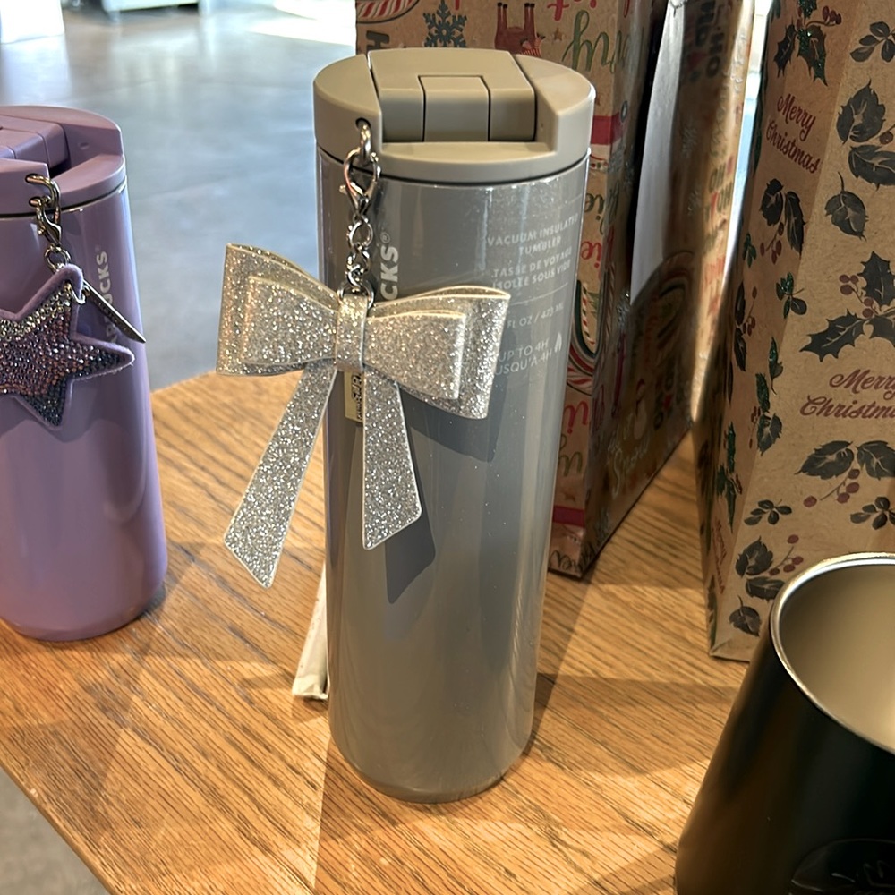 ✨Starbucks BOW keychain HoT Cold Thermal Coffee mug 16oz gray silver glitter